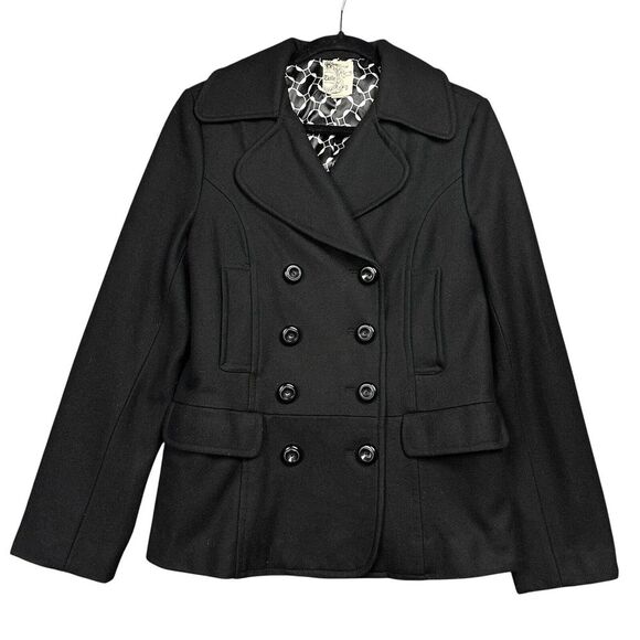 Anthropologie Tulle‎ Pea Coat Women Size L Black Wool Blend Button Pockets Lined - Picture 1 of 12